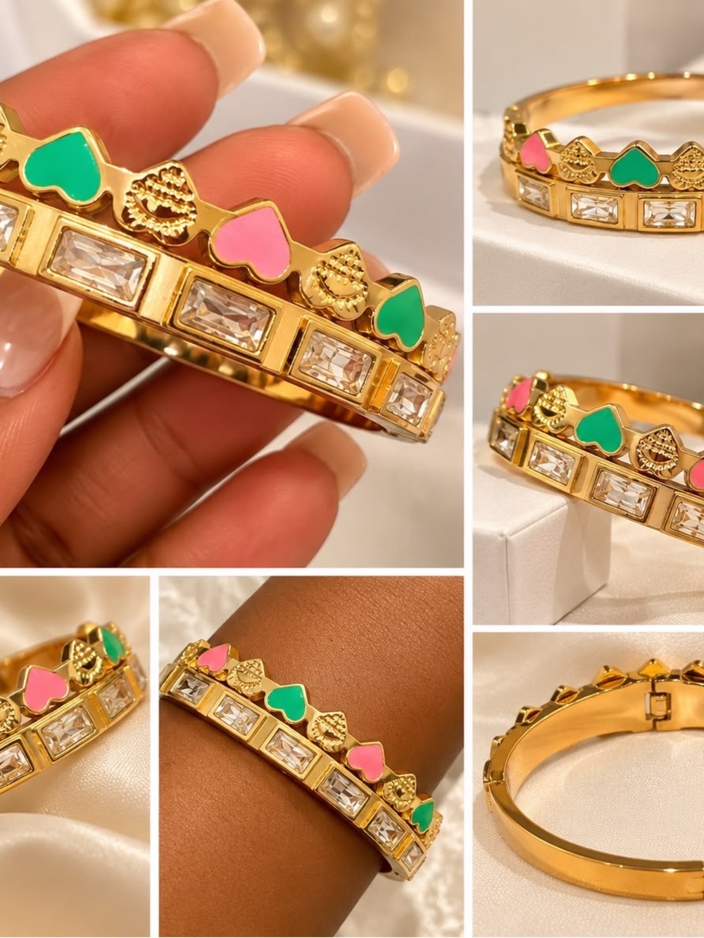 Gold Heart Accent Bangle Bracelet with Pink & Green Enamel